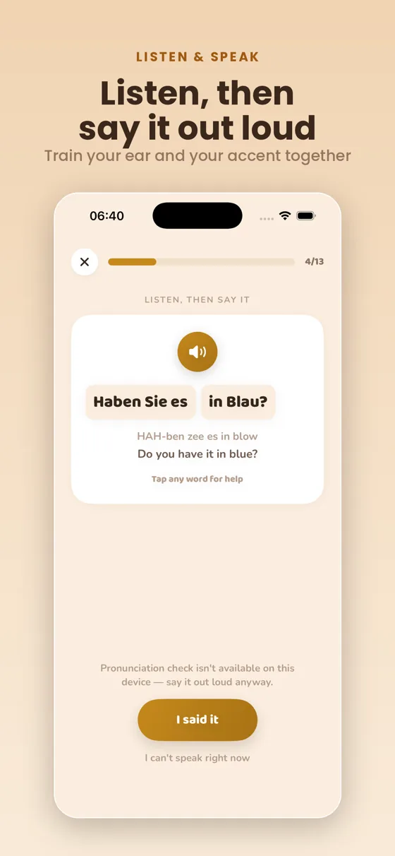 Listen & say it with word-by-word audio
