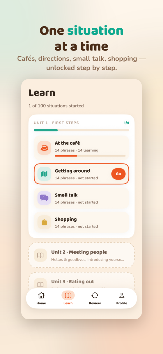 Learn tab with 100 situations across 25 units