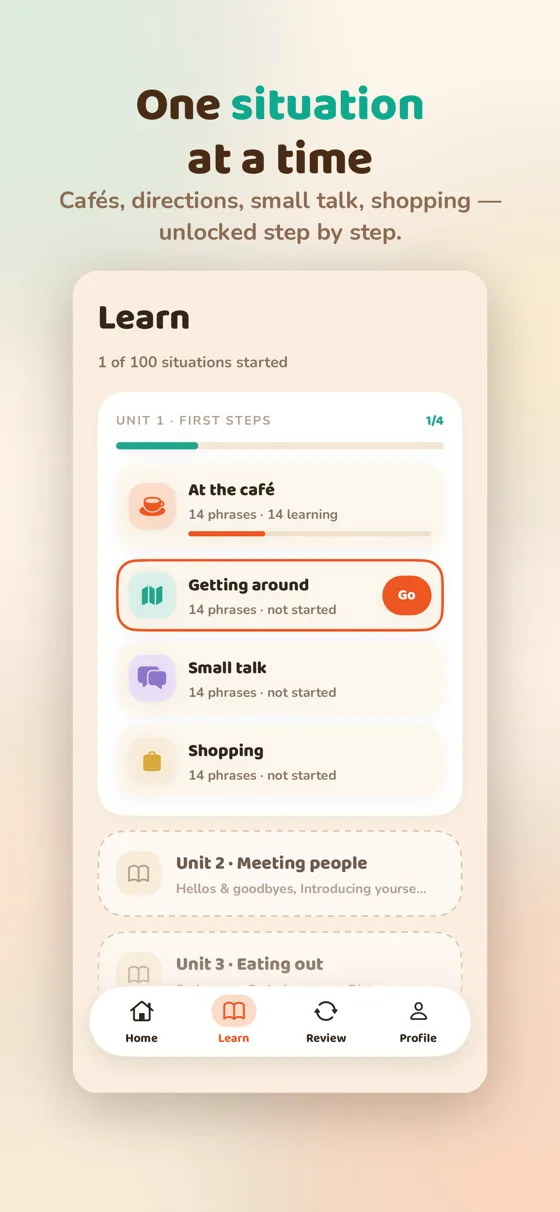 Learn tab with 100 situations across 25 units