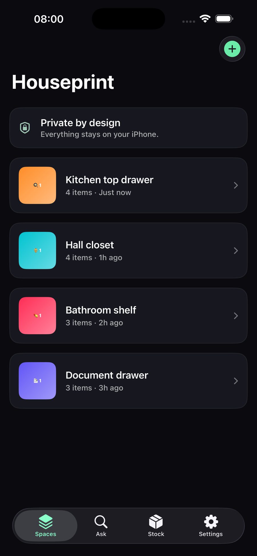 Spaces list showing kitchen drawer, hall closet and other rooms