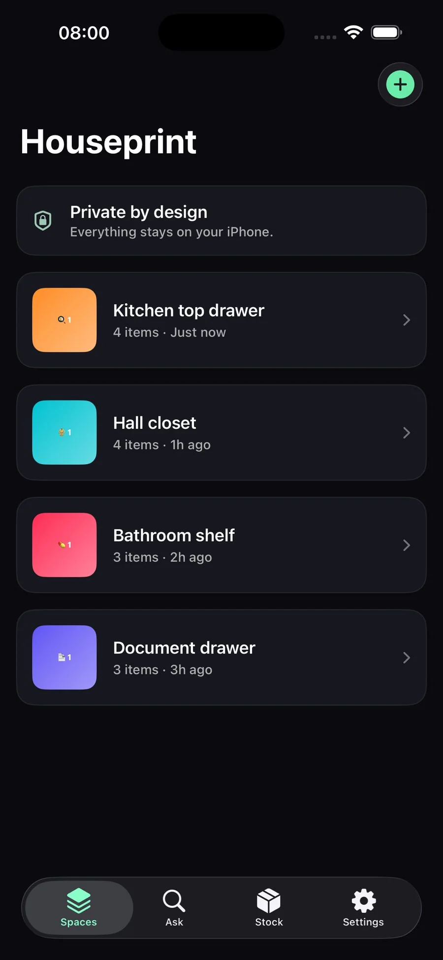 Spaces list showing kitchen drawer, hall closet and other rooms