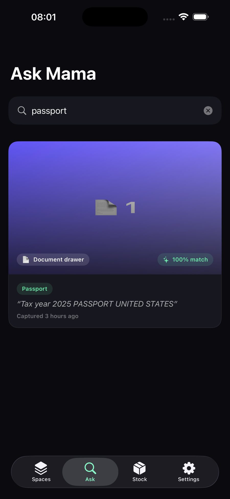 Ask Mama search showing 100% match for passport