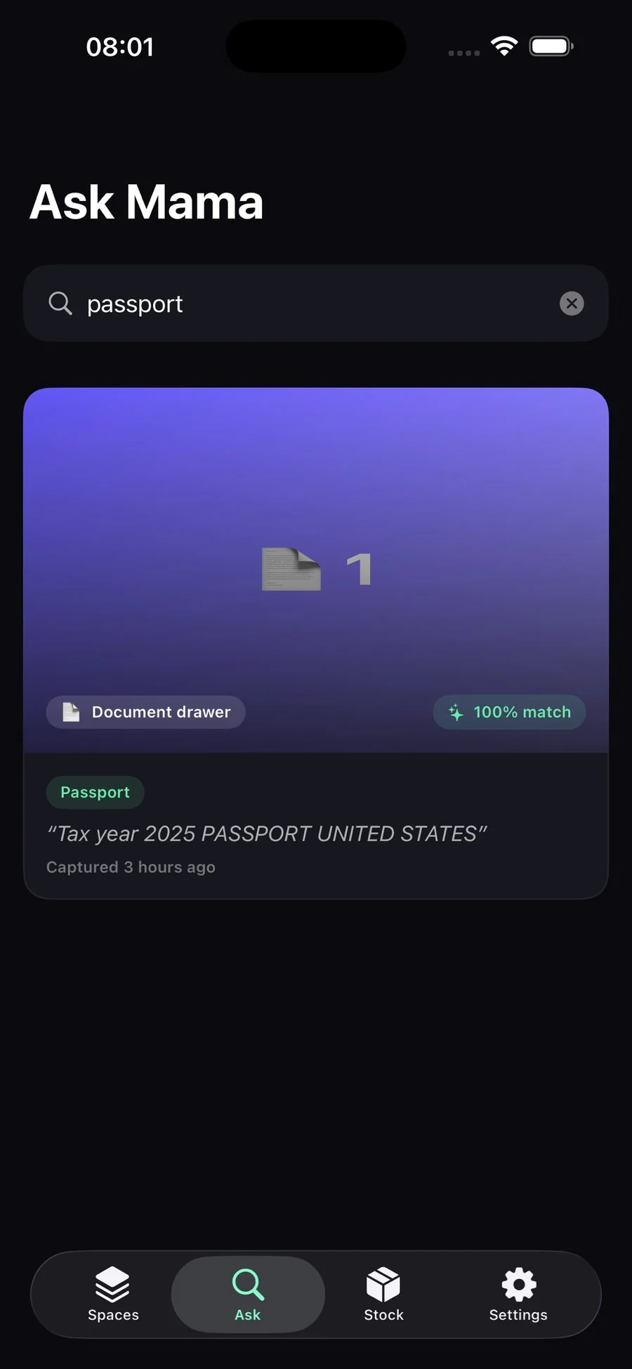 Ask Mama search showing 100% match for passport