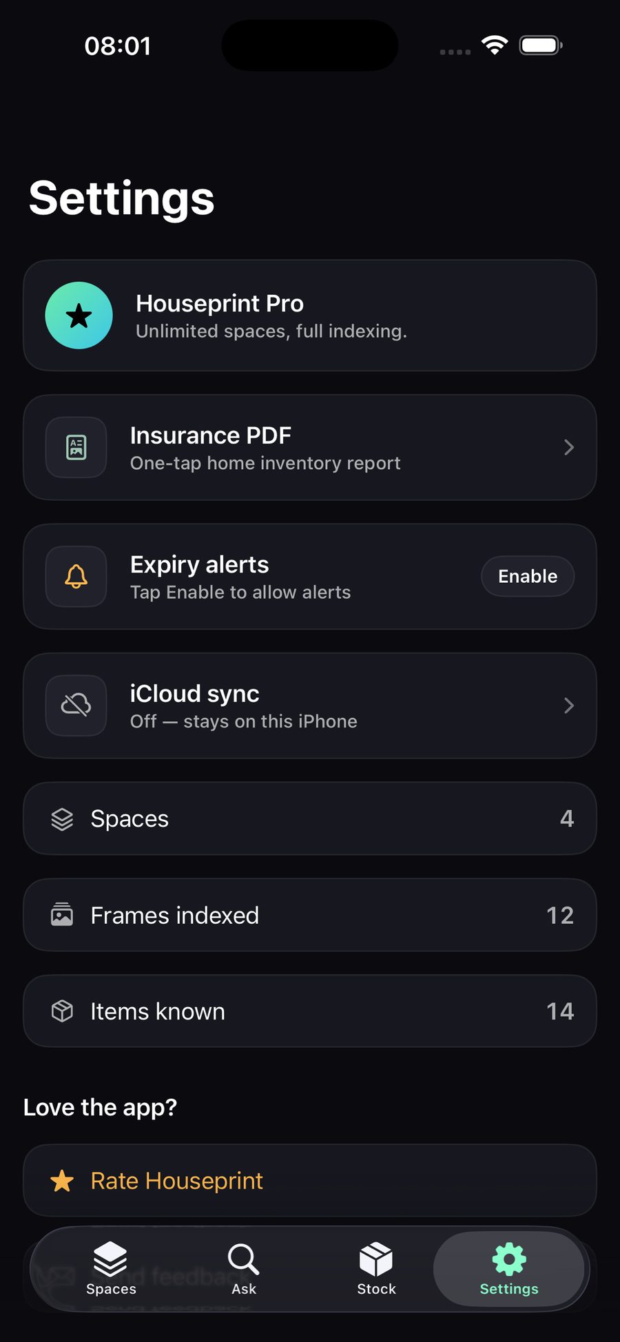 Settings screen — private by design