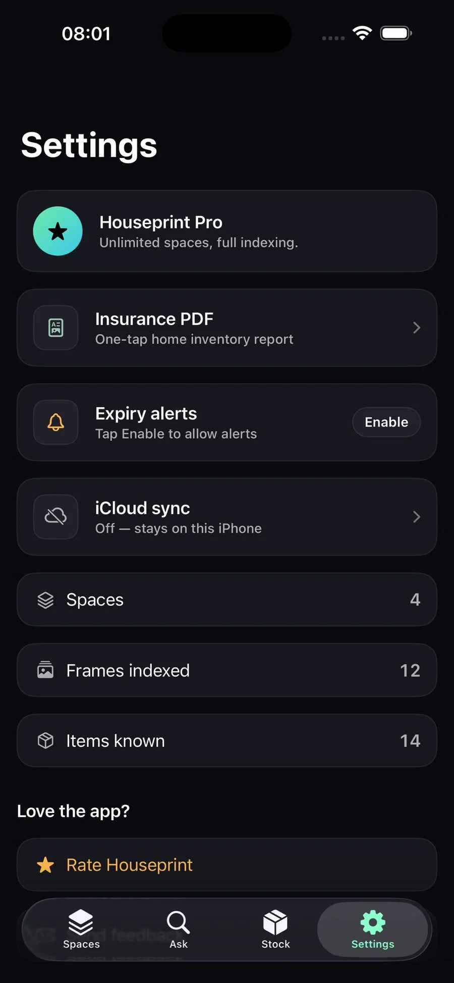 Settings screen — private by design