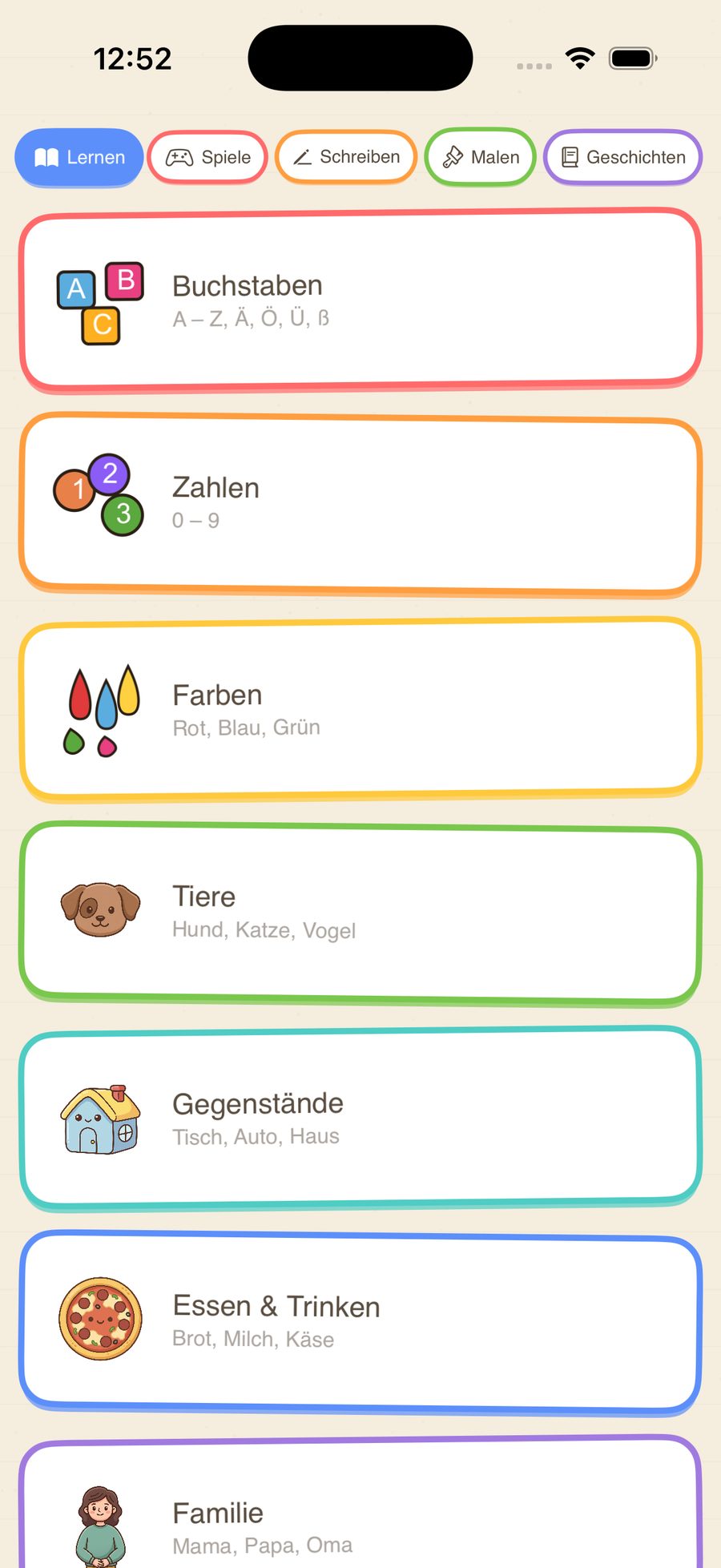 Learn Menu - Categories