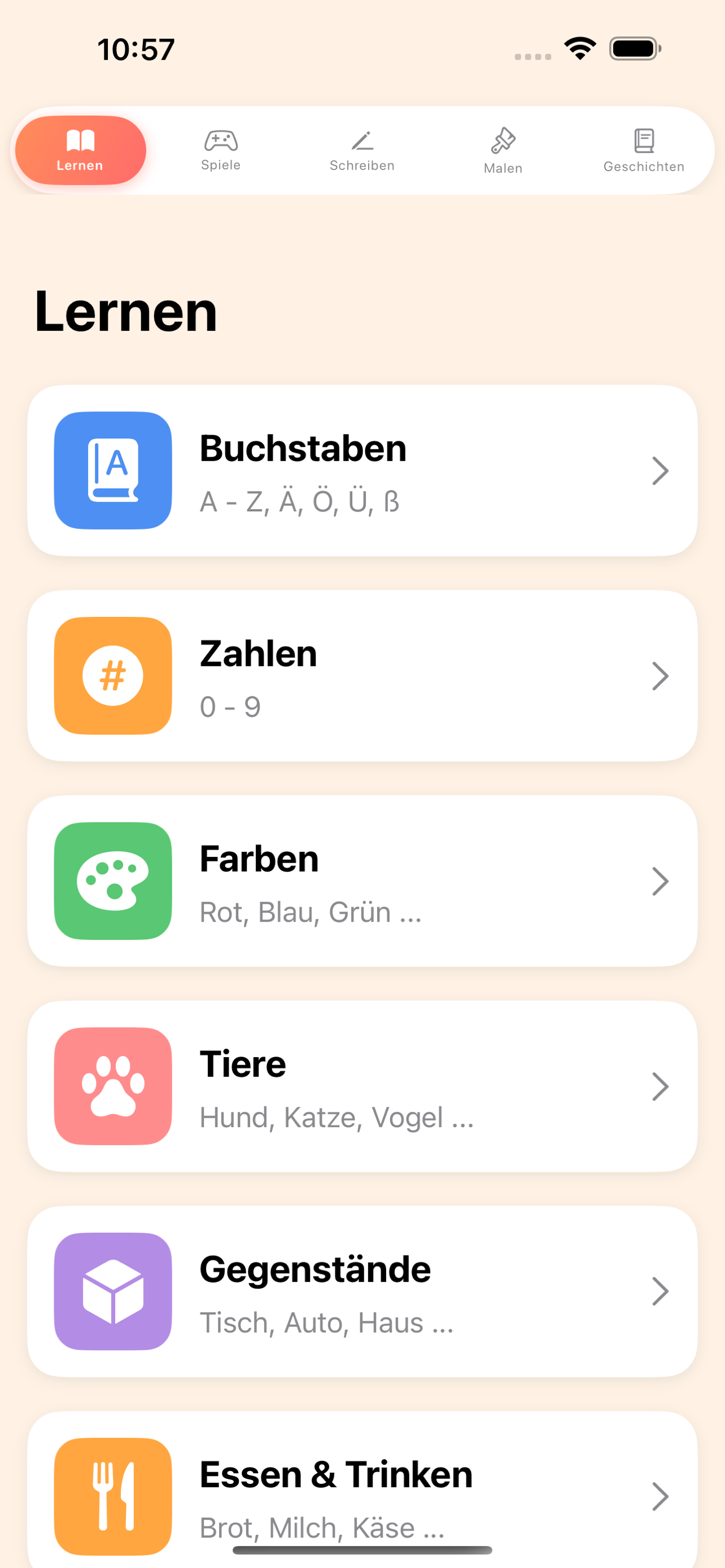 Learn Menu - Categories