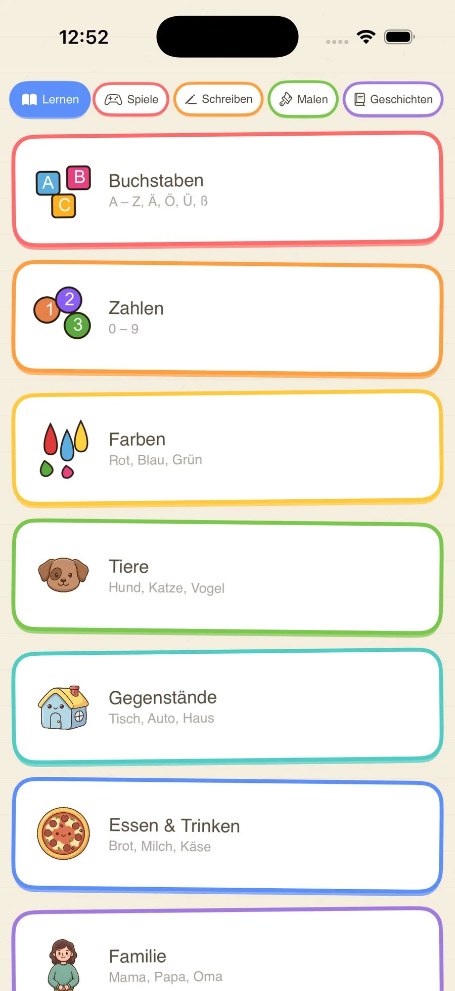 Learn Menu - Categories