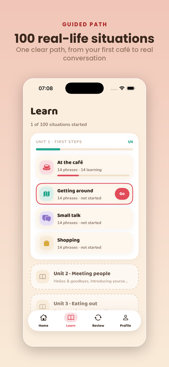 Learn tab — 100 situations across 25 units