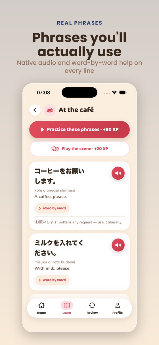 Practice real phrases with clear audio