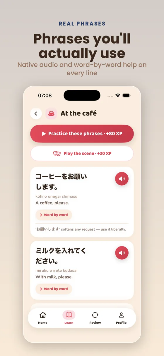 Practice real phrases with clear audio