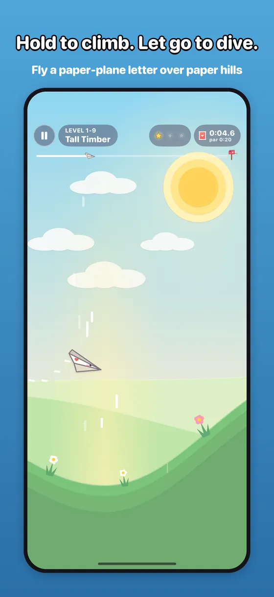 Meadow Morning gameplay: the paper plane gliding into a column of warm air over green hills