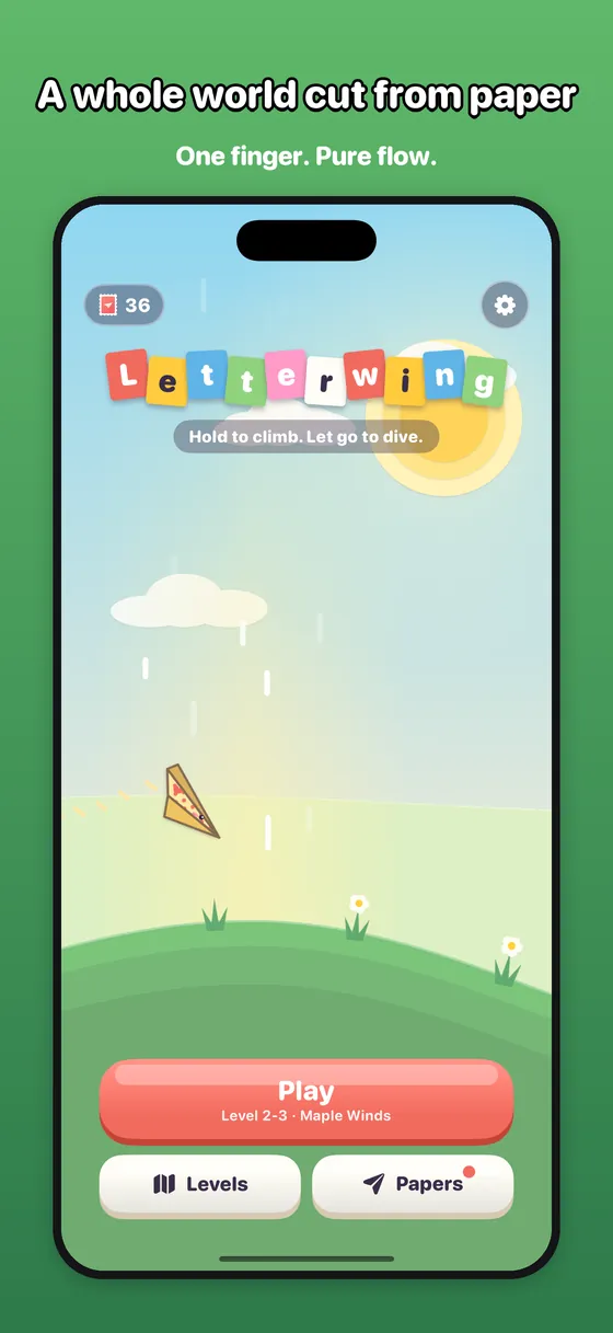 Home screen: the Letterwing title over hills that the plane flies across by itself