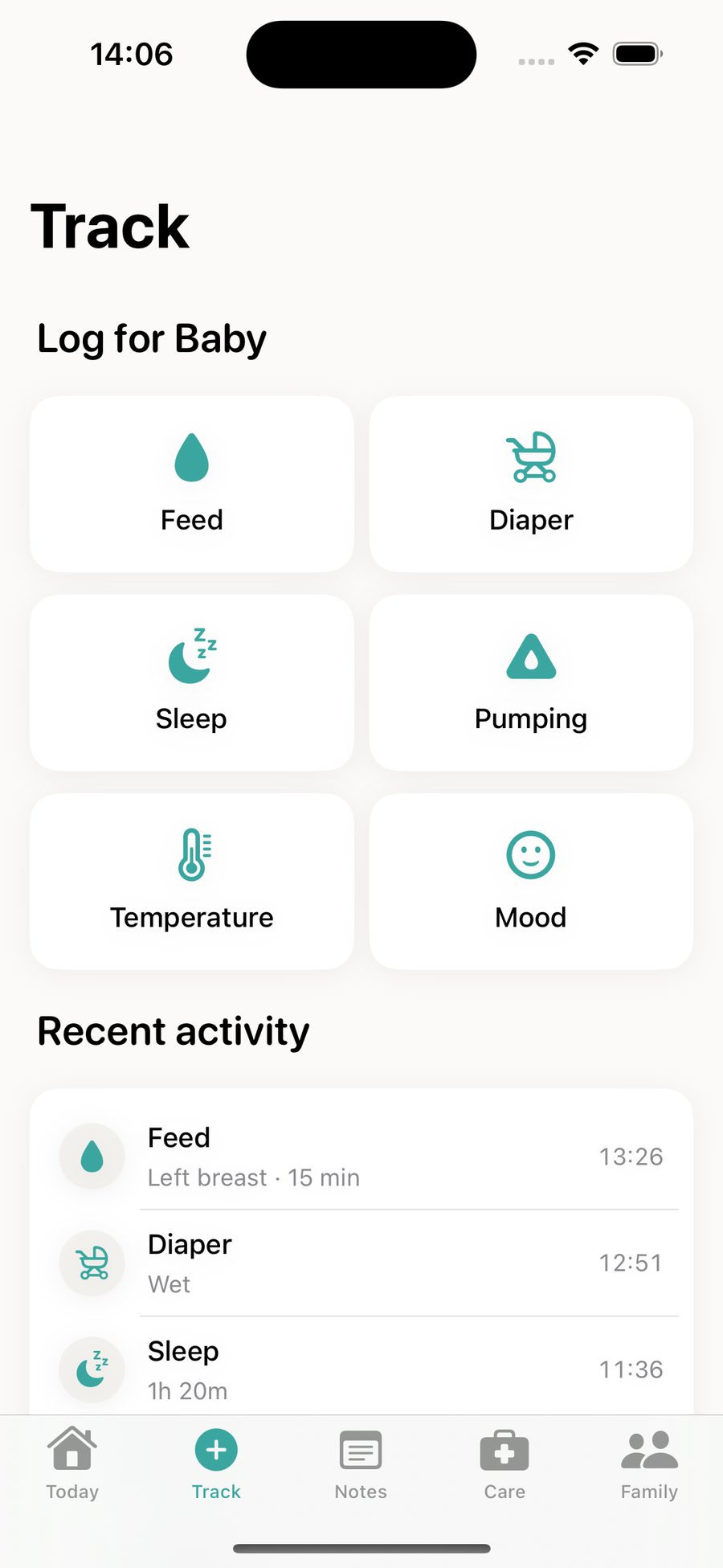 Quick-log tiles and recent activity