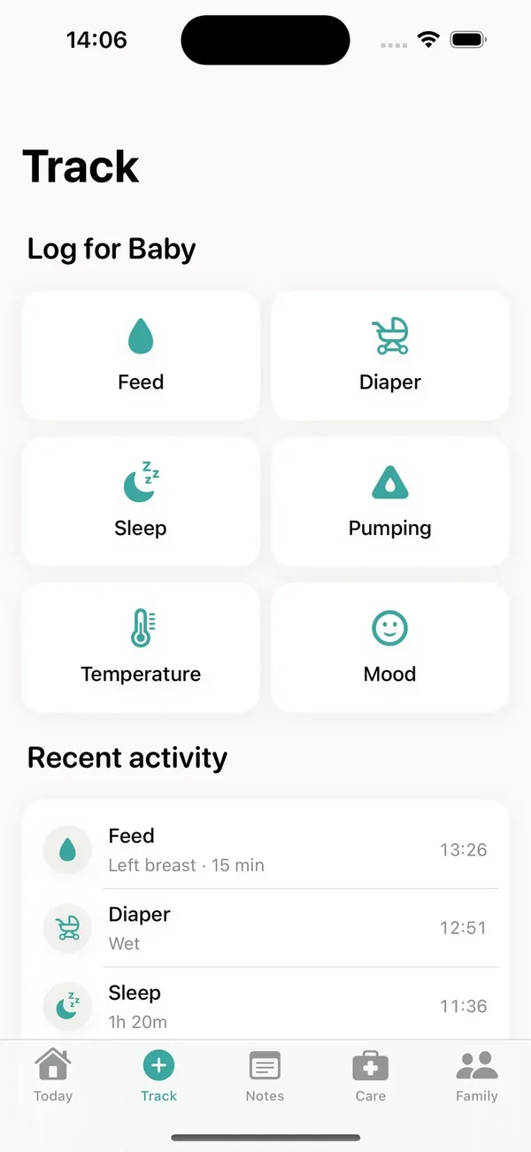 Quick-log tiles and recent activity