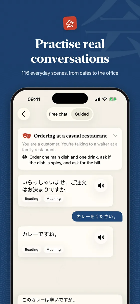 Practise real conversations: 116 everyday scenes, from cafés to the office