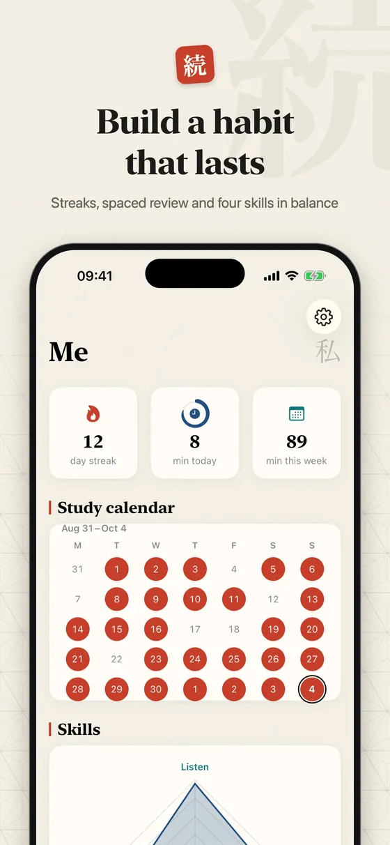 Build a habit that lasts: streaks, spaced review and four skills in balance