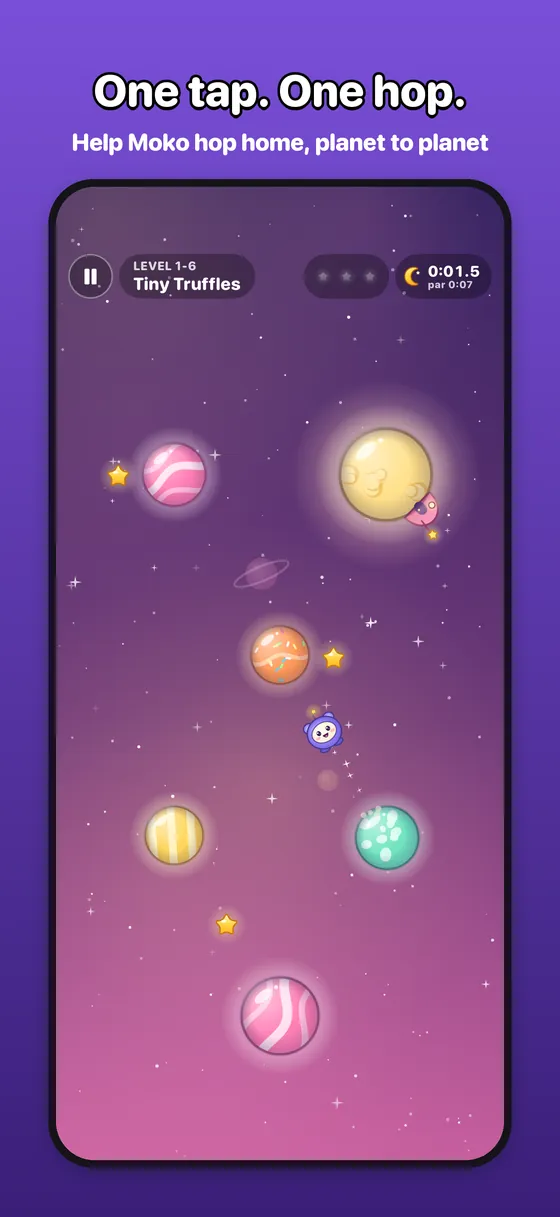 Candy Cosmos gameplay: Moko mid-hop between candy planets, leaving a sparkle trail