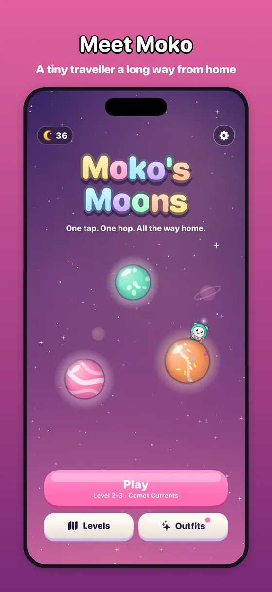 Home screen: the Moko&rsquo;s Moons title over planets that Moko hops between