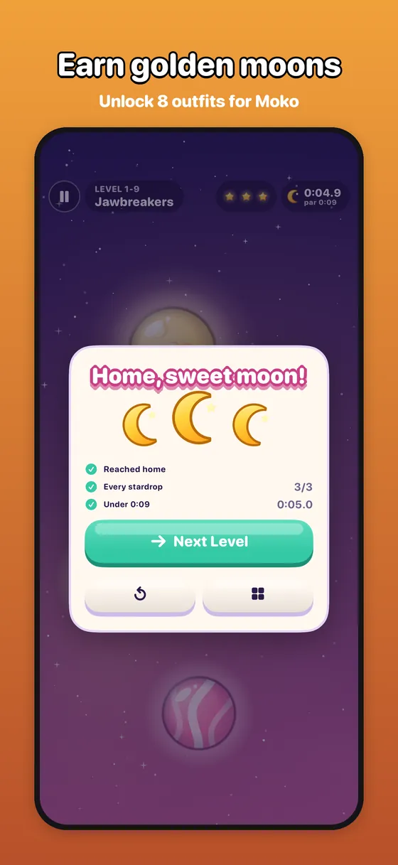 Level complete card with three golden moons