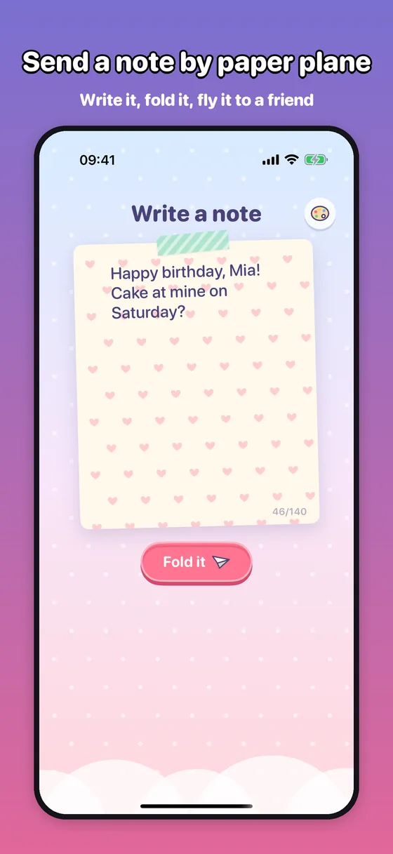 Write a note: a birthday note on heart-patterned paper above the Fold it button