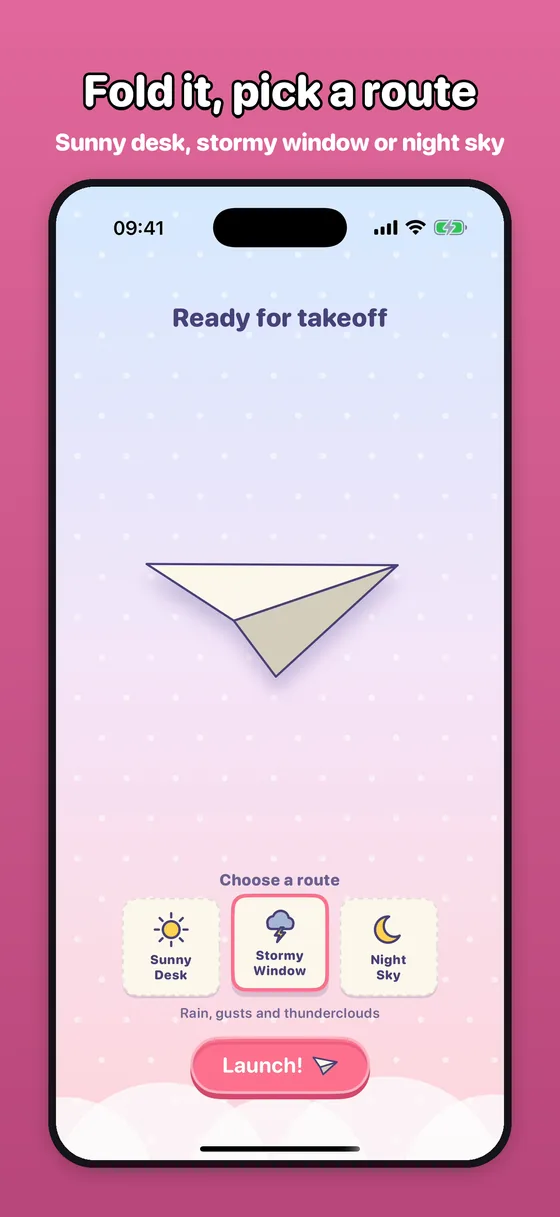 Ready for takeoff: the folded plane above the three route tickets, with Stormy Window chosen