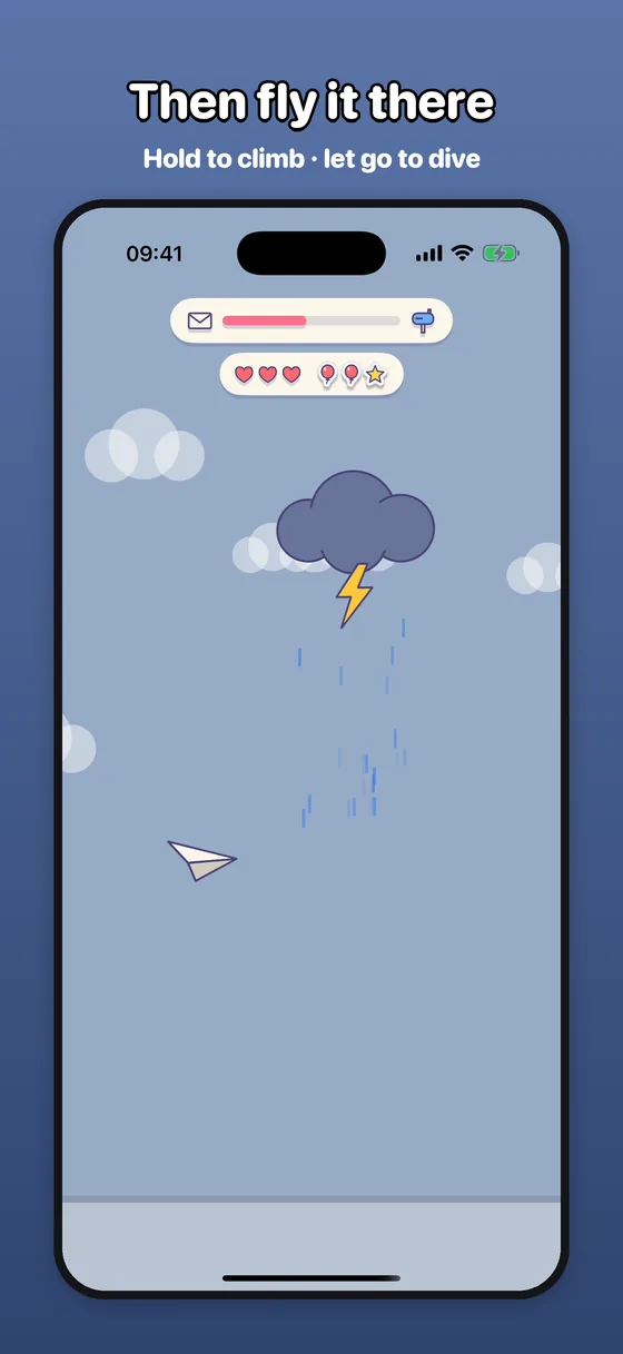Stormy Window: the paper plane flying through rain under a thundercloud