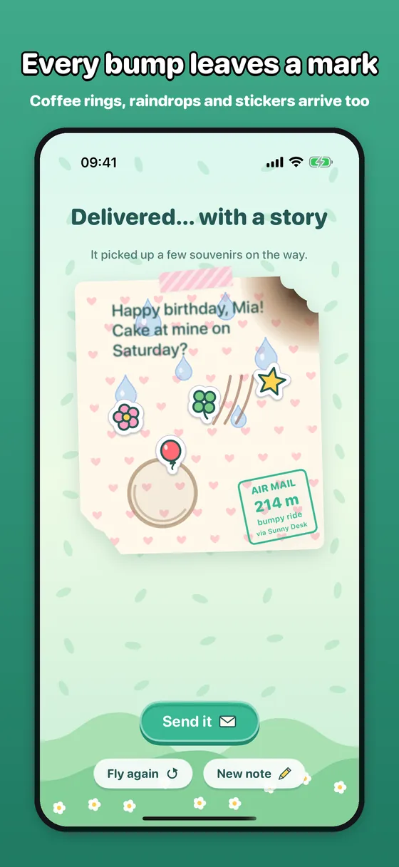 Delivered with a story: the note with raindrops, a coffee ring, stickers and an air-mail stamp