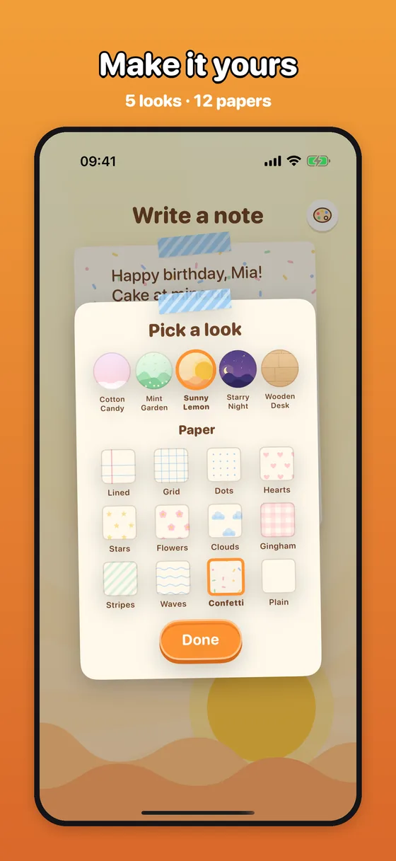 Pick a look: the five looks and twelve papers, with Sunny Lemon and Confetti chosen