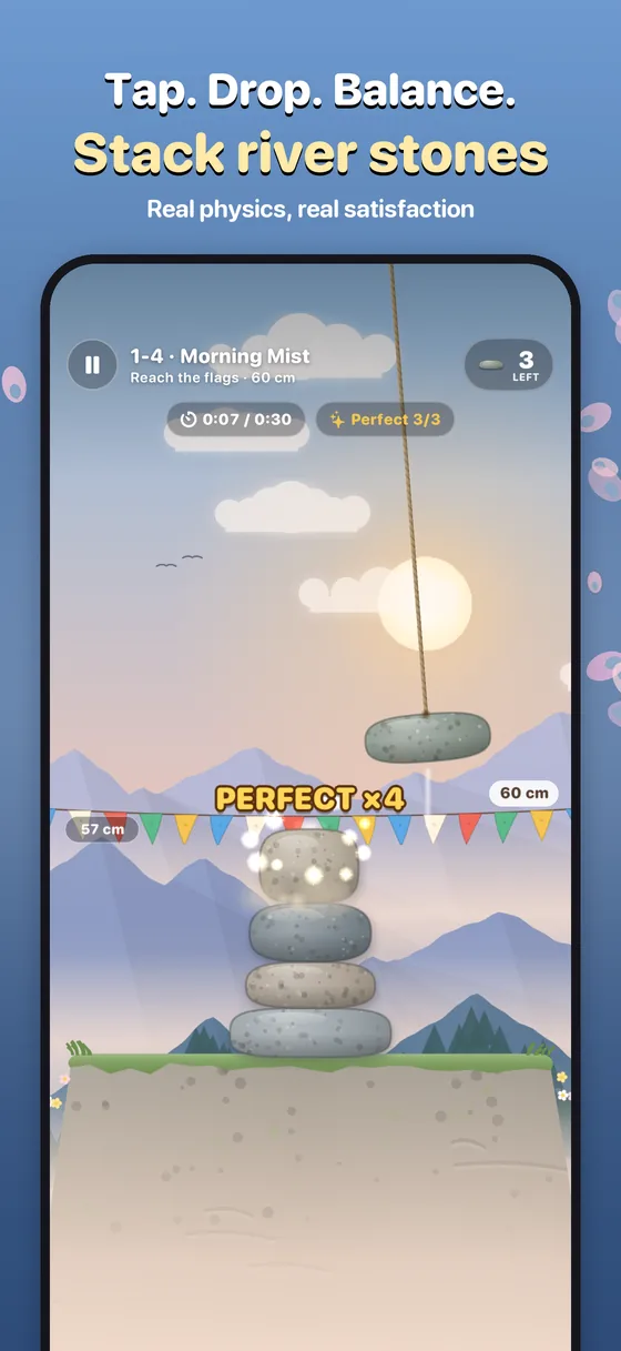 A swinging stone above a cairn of river stones, with a PERFECT x4 streak