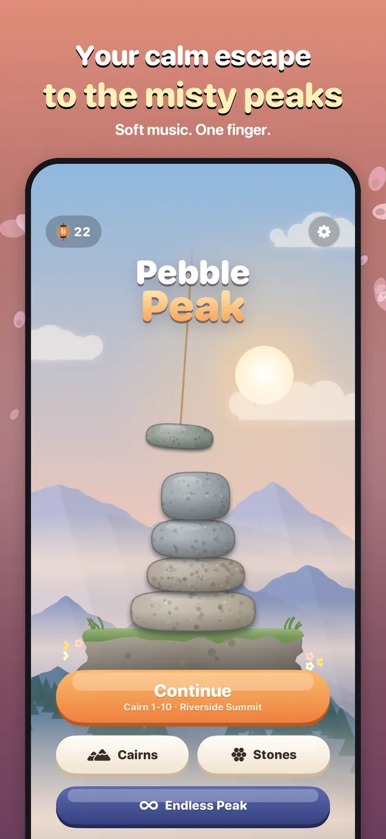 Pebble Peak home screen: a stacked cairn under the title, with Continue, Cairns, Stones and Endless Peak buttons