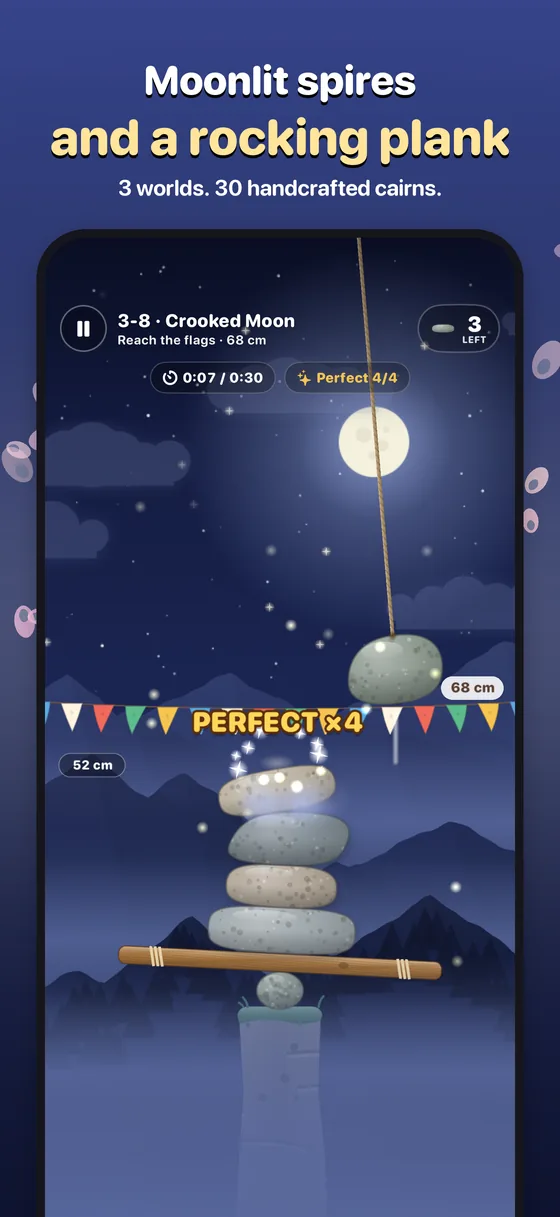 Moonlit Summit: a cairn balanced on a rocking wooden plank under the moon
