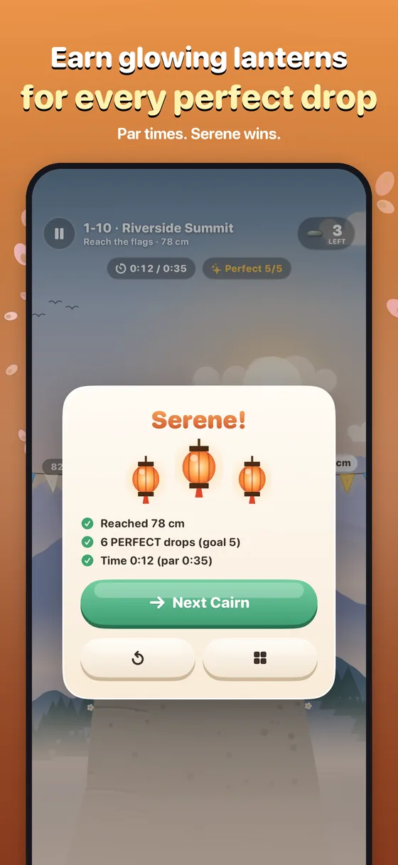Serene card with three lanterns and the cairn statistics