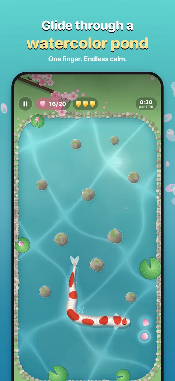Spring Pond gameplay: a Kohaku koi winding between mossy rocks and lily pads, 16 of 20 petals eaten