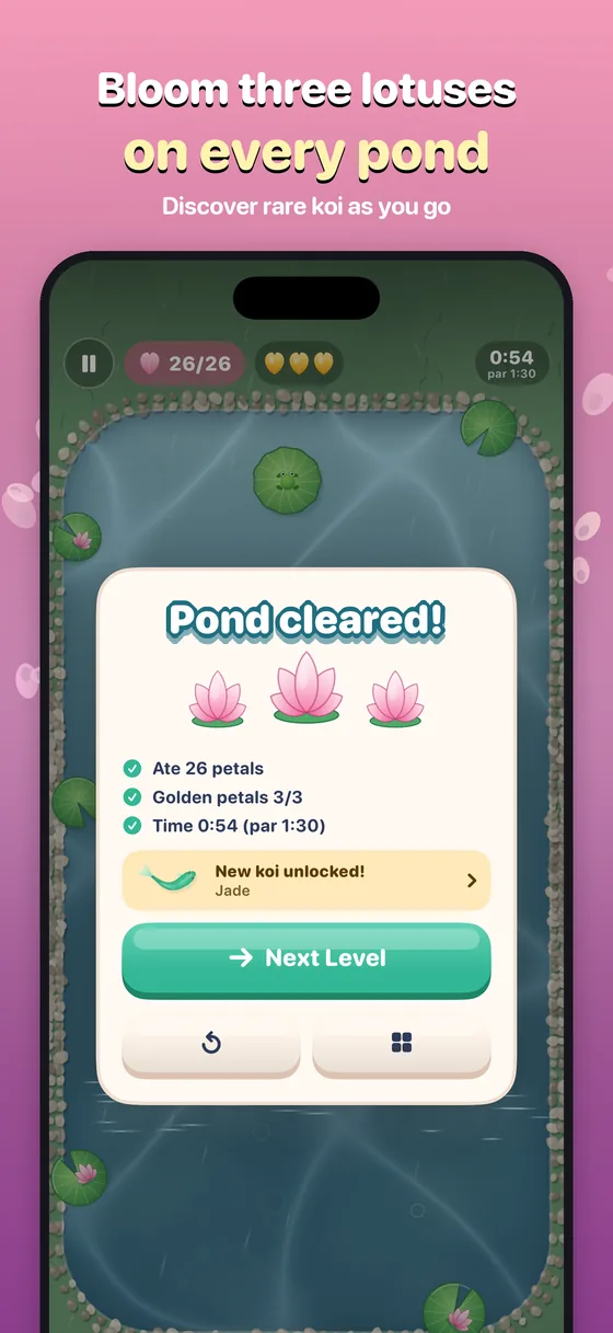 Pond cleared card with three lotus blossoms and a new koi unlocked