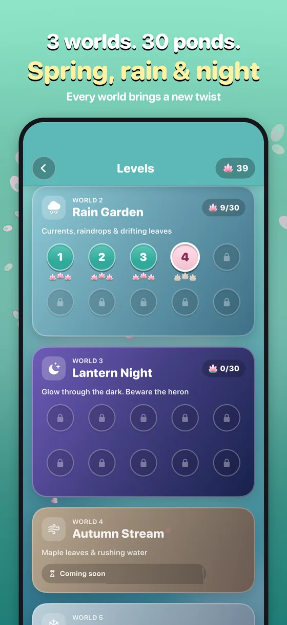 Level map: Rain Garden and Lantern Night with lotus ratings, Autumn Stream marked coming soon