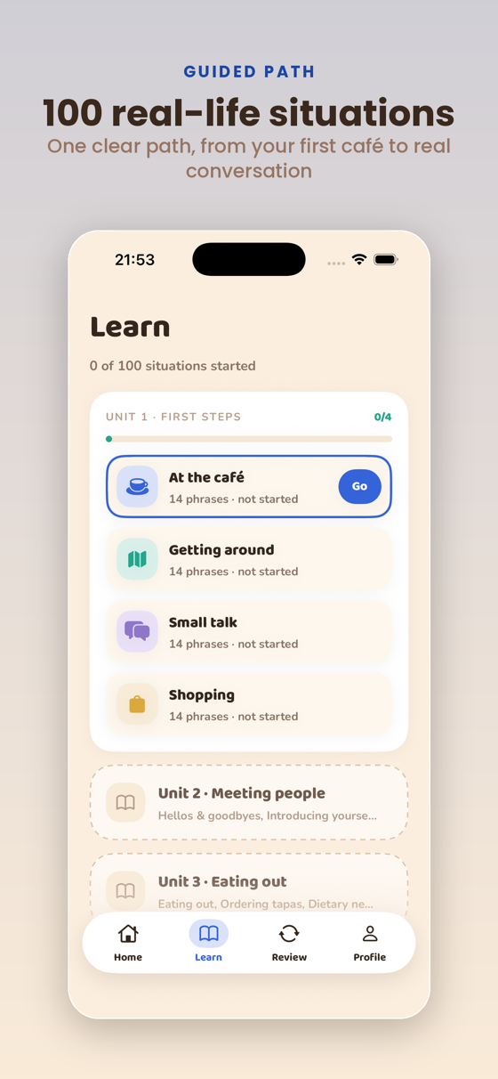 Learn tab — 100 situations across 25 units