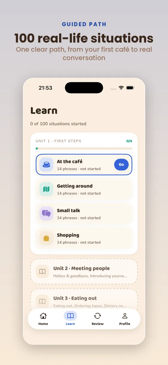 Learn tab — 100 situations across 25 units