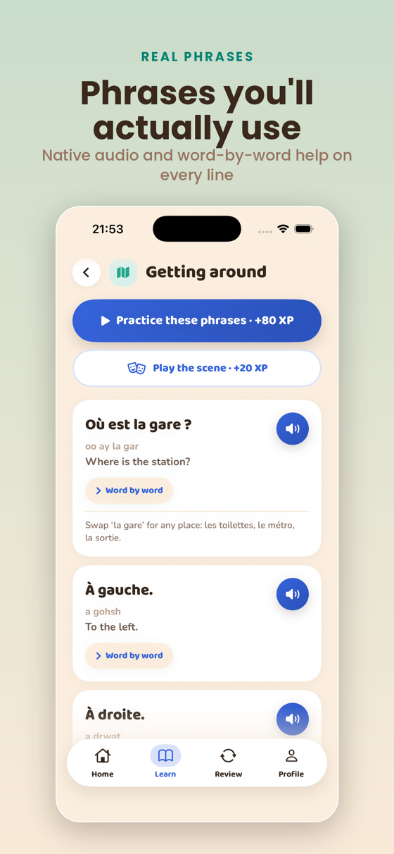 Practice real phrases with clear audio