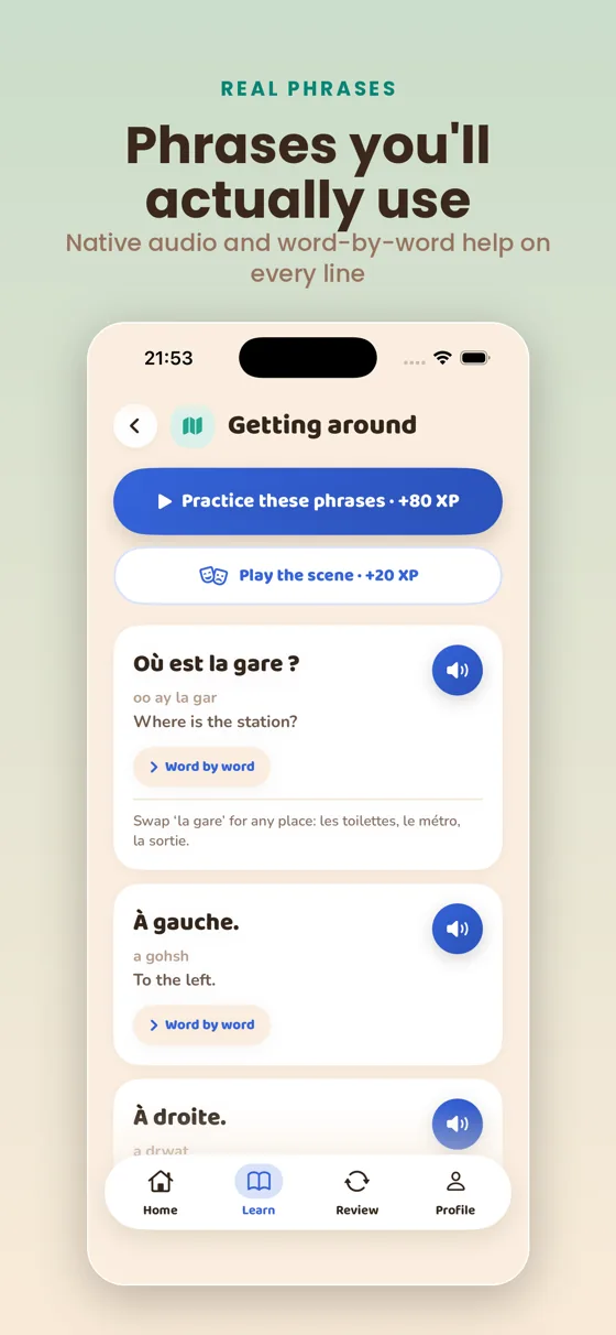 Practice real phrases with clear audio