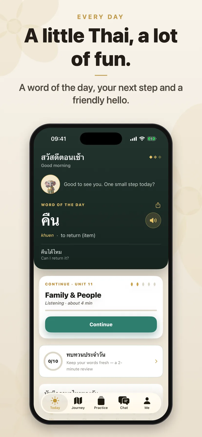 Sawasdee Today screen with the word of the day and your next lesson