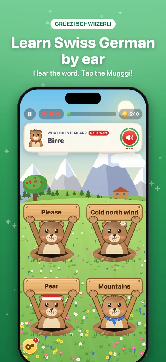 Learn Swiss German by ear: marmots holding meaning signs in the meadow while a word plays