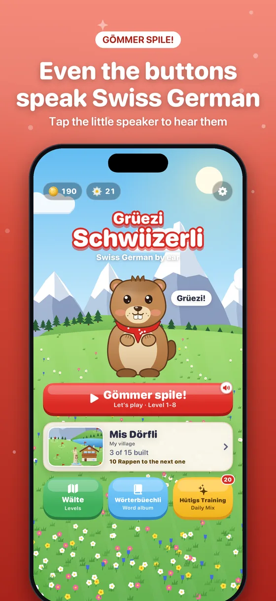 Home screen: Munggi the marmot above the G&ouml;mmer spile! button