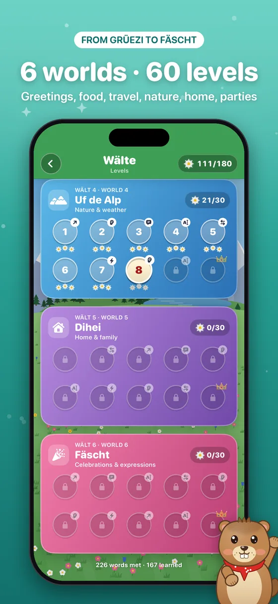 The level map: six worlds and sixty levels with edelweiss ratings