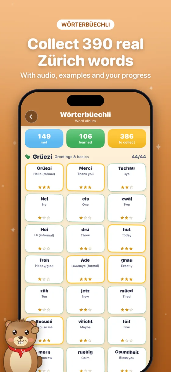 The W&ouml;rterb&uuml;echli word album with audio, examples and progress