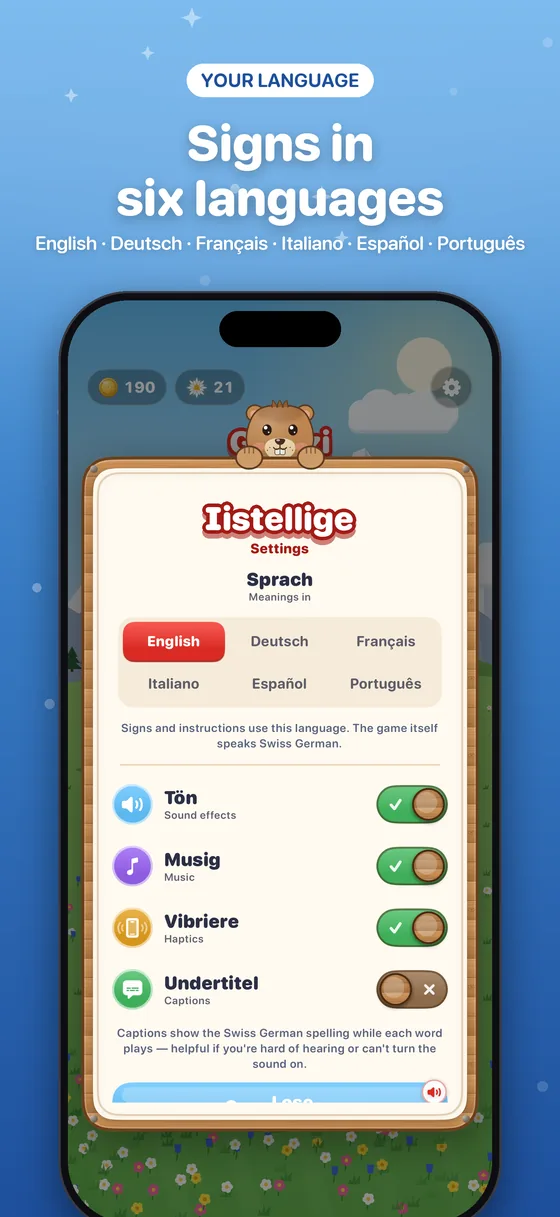 Settings: signs in English, Deutsch, Fran&ccedil;ais, Italiano, Espa&ntilde;ol or Portugu&ecirc;s