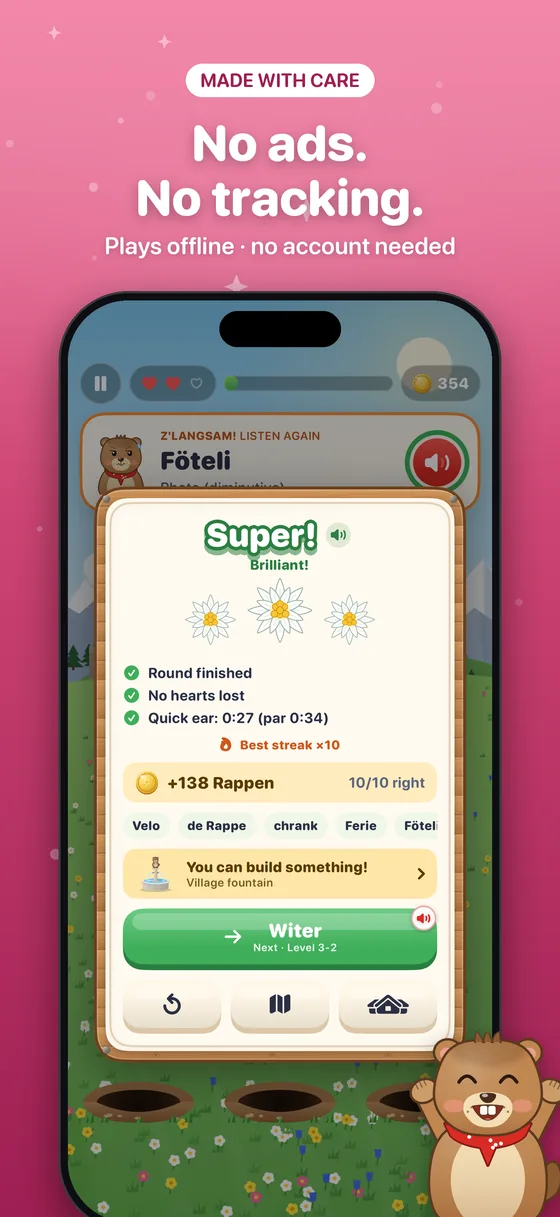A finished level with three edelweiss: no ads, no tracking