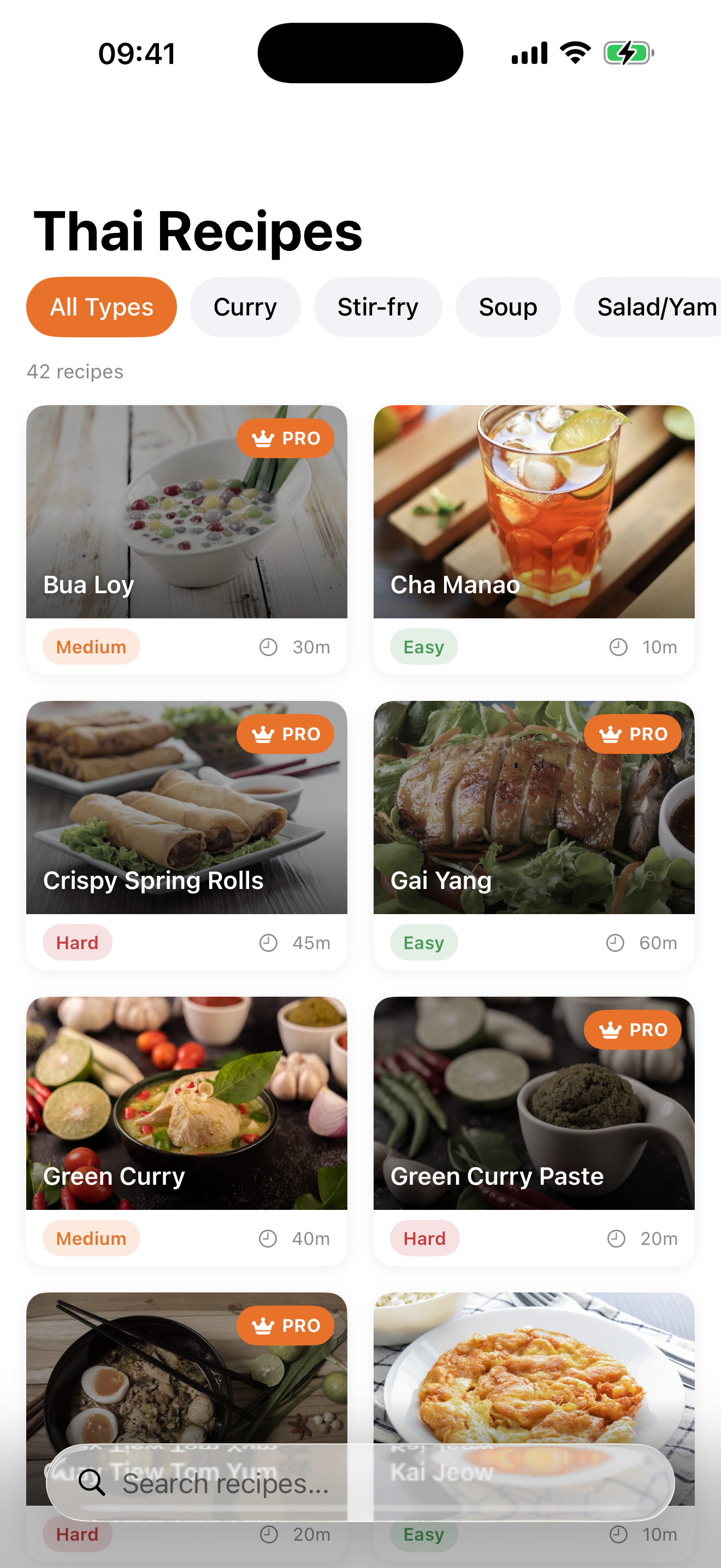 Recipe browser with Thai dishes organized by category