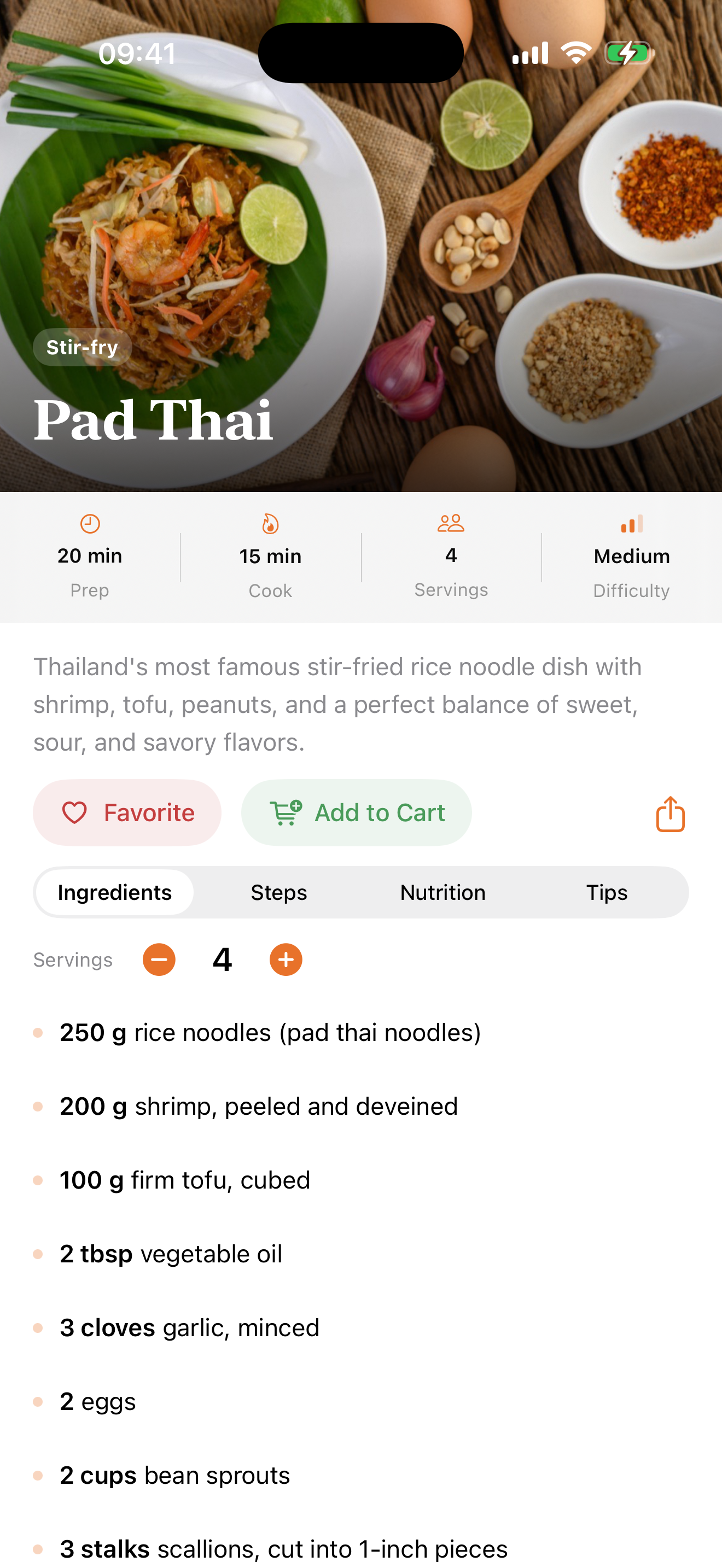 Pad Thai recipe detail with ingredients and steps
