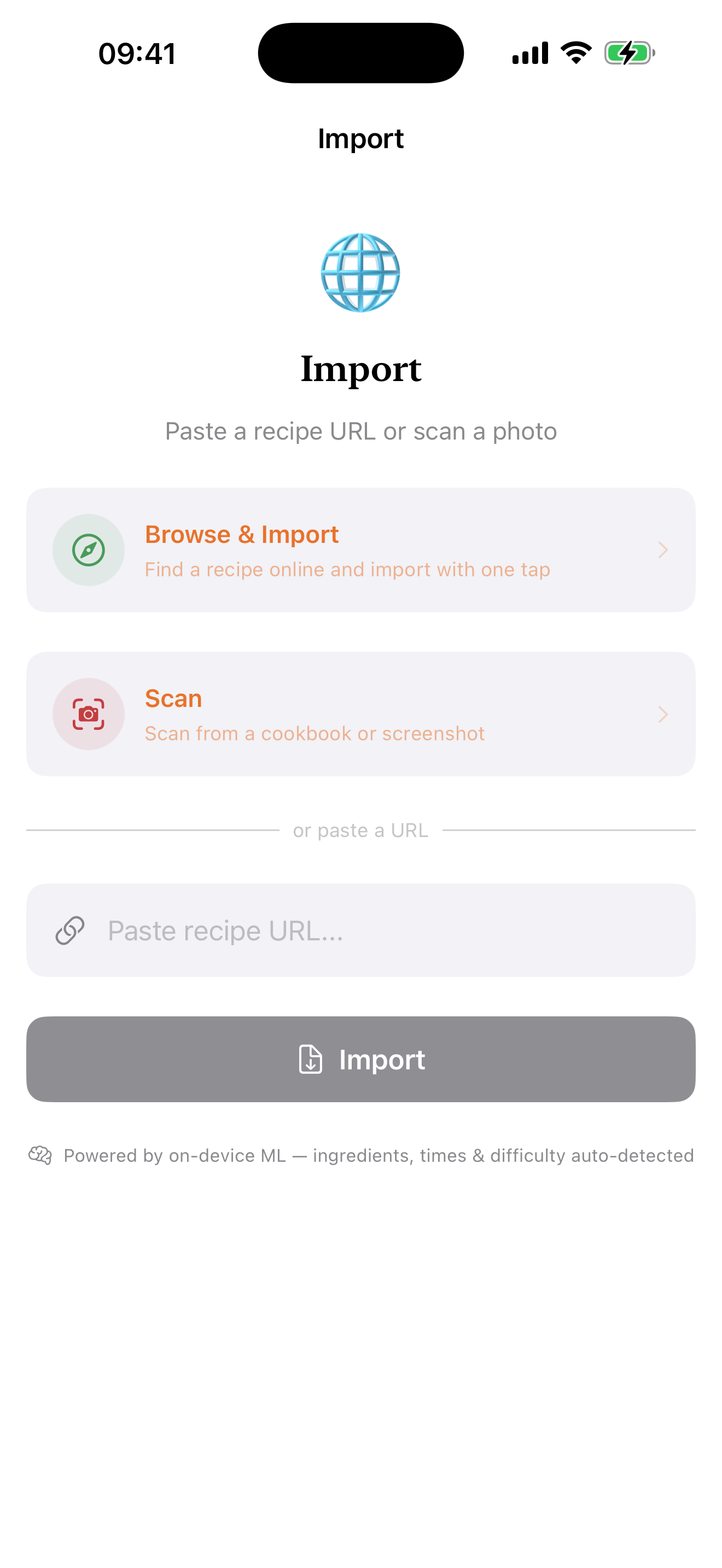 Import a recipe from camera, scan, or URL